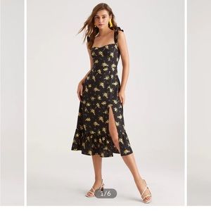 NWT Commense Square Neck Black Floral Ruffle Midi Dress (Reformation style)